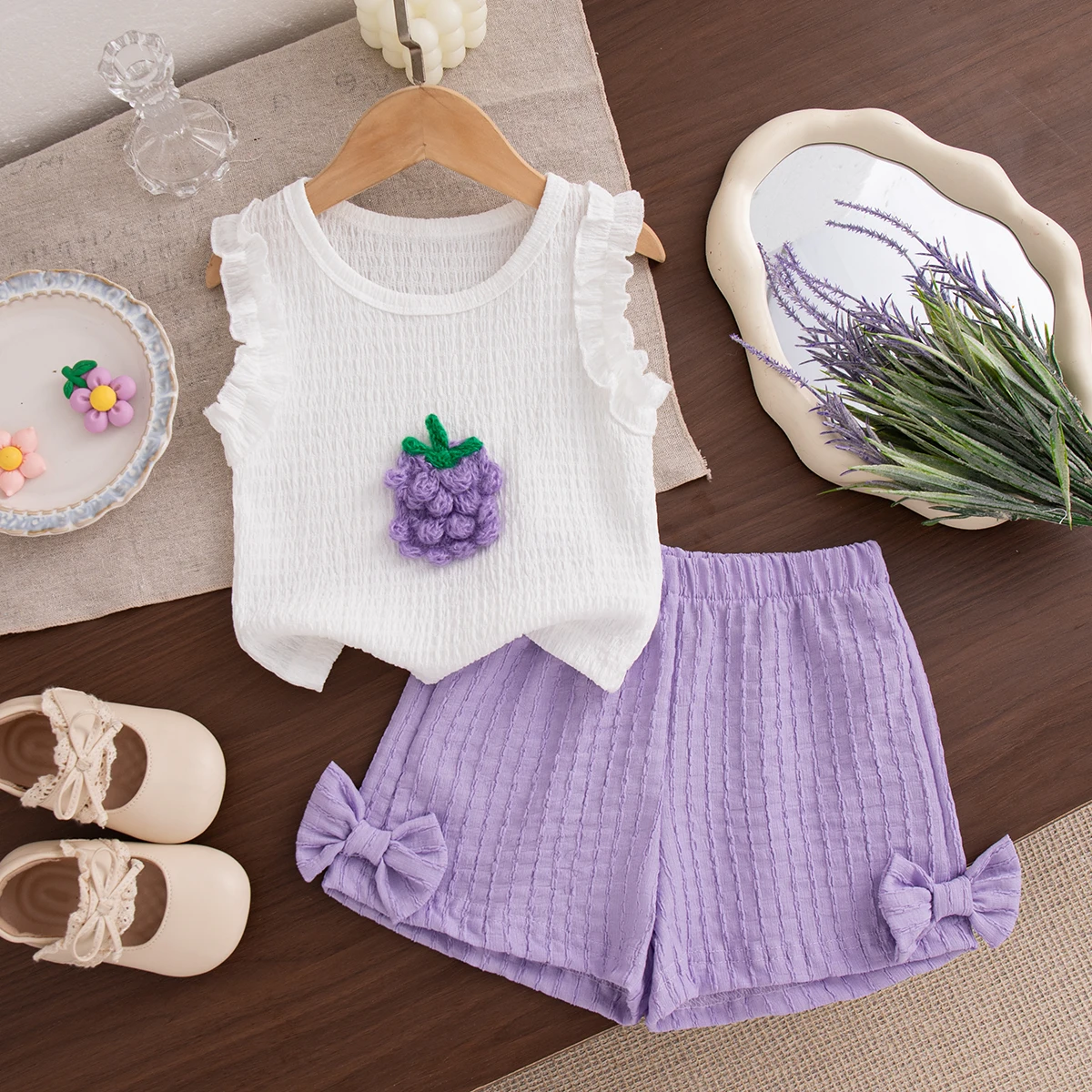 2-teiliges Baby-Set Sommer Baumwolle Frucht Ärmelloses Oberteil Schleife Shorts Baby Mädchen Set Cartoon Niedlich Strand Baby Mädchen Kleidung – Detail 4