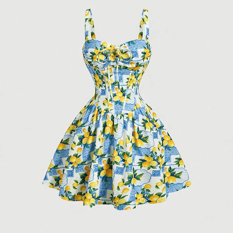 Summer Dresses for Women Spaghetti Strap Print Women Dress Fashion Lace-up A-LINE Dress Women Vestidos De Verano Mujer Q4228