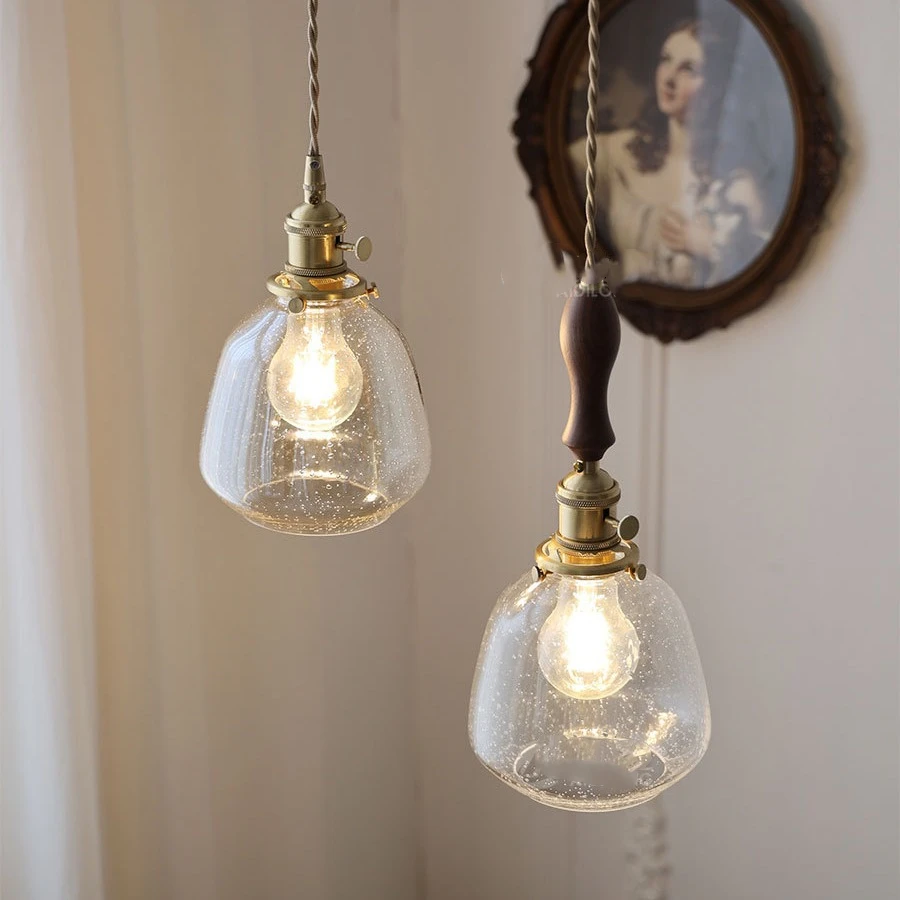 IWHD-Lâmpada pingente LED de madeira vintage, cobre nórdico, vidro moderno pendurado luz, americano ao lado luz, apto para quarto, jantar e sala de estar, Edison