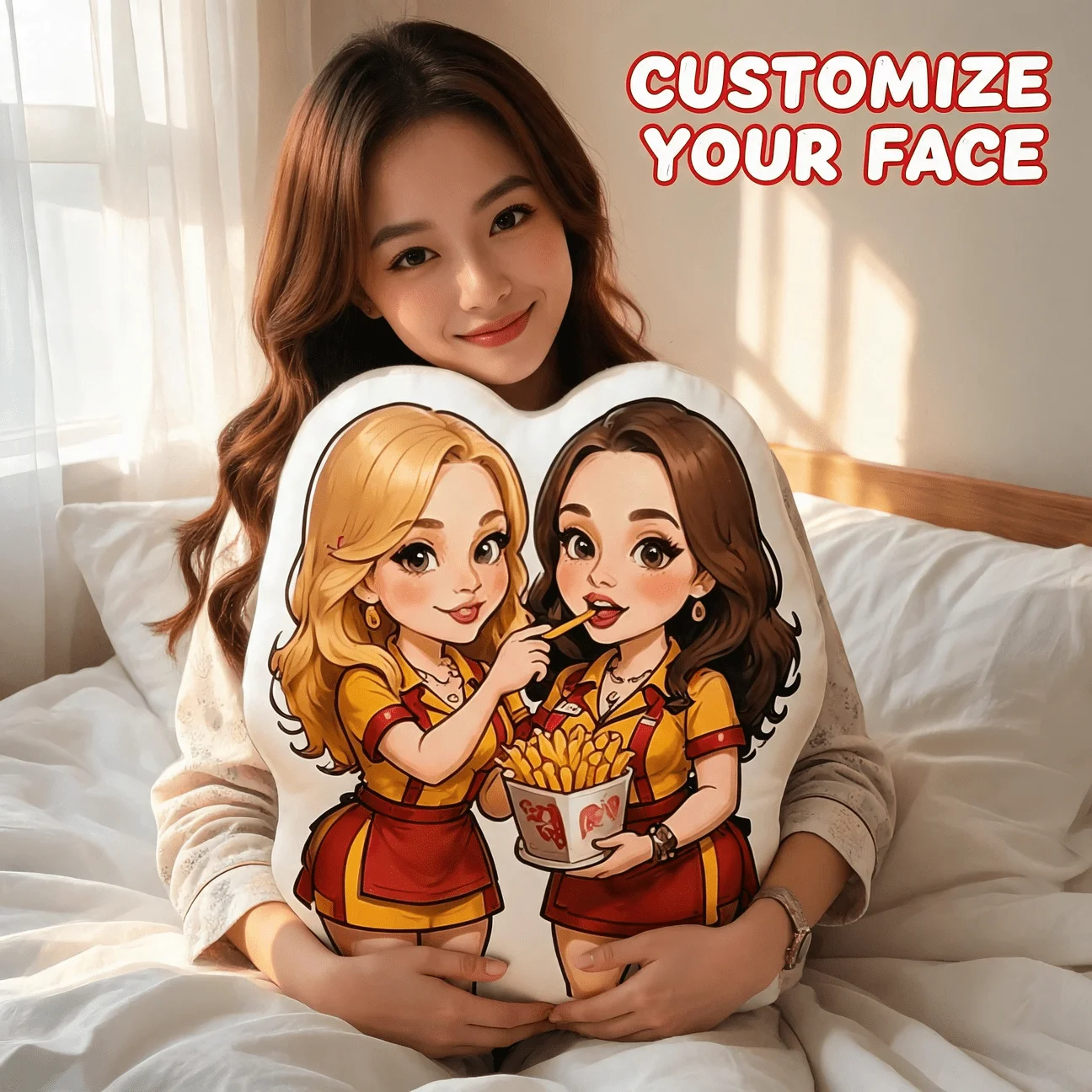Custom Photo Shaped Pillow, Personalized Cartoon Friend Portrait Sharing Fries Decorative Cushion, Unique Home Decor Accent for