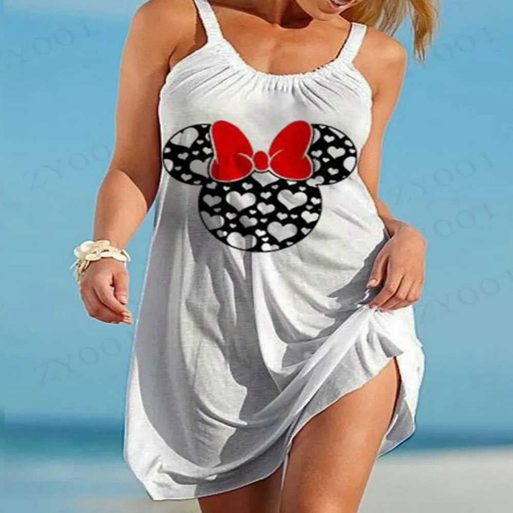 Disney Minnie en Mickey patroon bedrukte zomerstrandjurken voor dames, comfortabele lichtgewicht vrouwelijke knielange rok