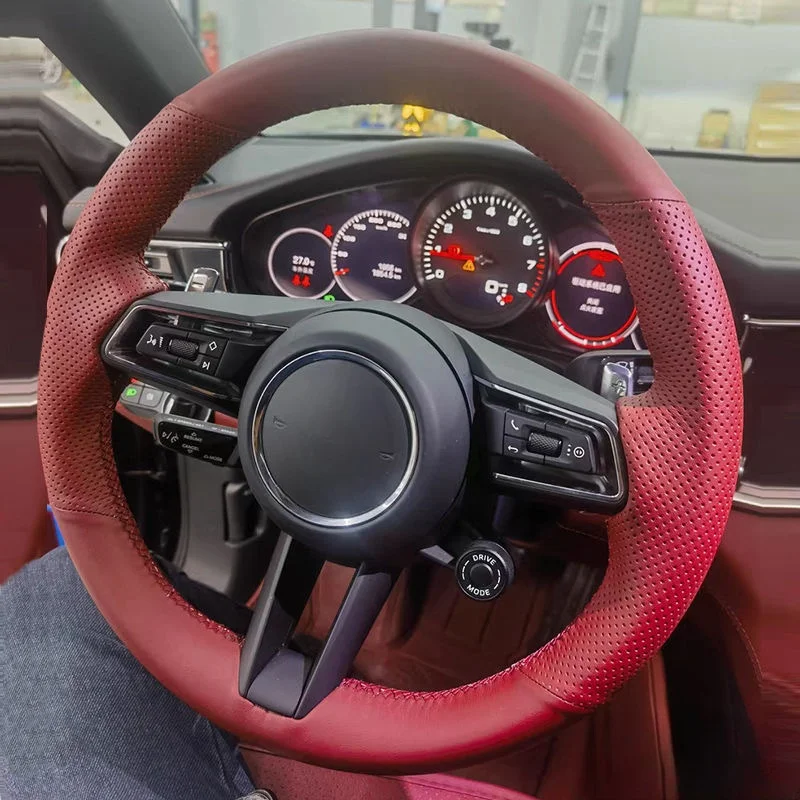 

﻿ DIY Car Steering Wheel Cover Genuine Leather For Porsche Taycan Boxste Panamera Macan Cayenne 718 911 9YA 971 Car Accessories