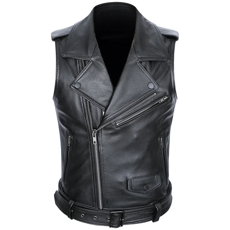 Classical Motorcycle 100% Cowhide Leather Vest Men's Oblique Zipper Genuine Leather Sleeveless Jackets Slim Motorcade Vests