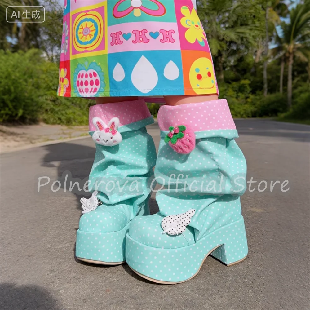 

Y2K Mixed Color Turned-Over Edge Women Pleated Boots High Top Platform 8Cm Chunky Heel Long Boots Lolita Girl Dress Shoes