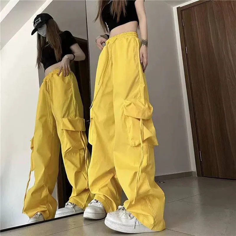 Women Drawstring Elastic Waist Cargo Pants Multi Pocket Loose Wide Leg Streetwear Oversized Hip Hop Outdoor Daily Wear Bottoms