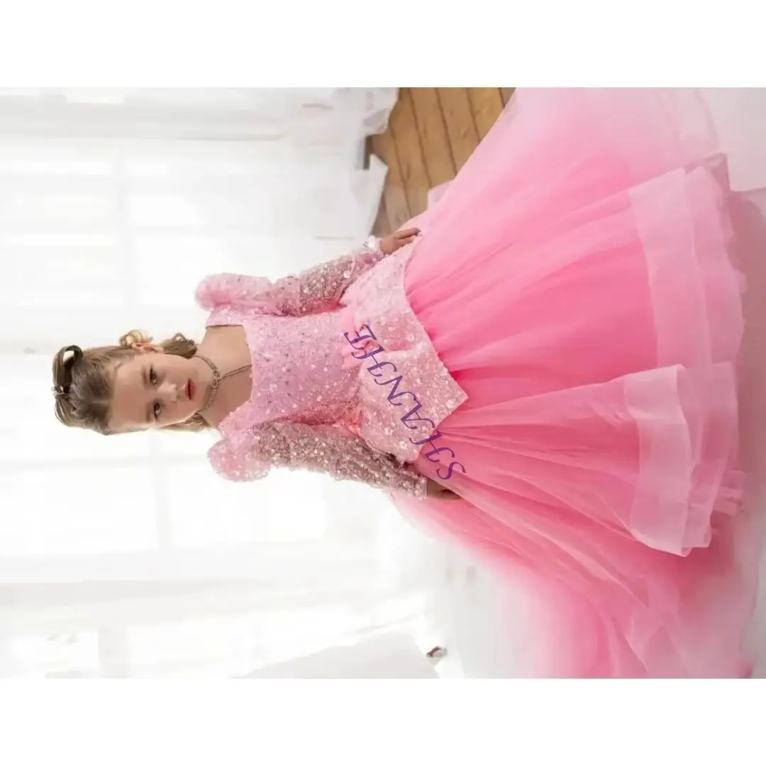 

Индивидуальное розовое платье с пайетками и длинными рукавами для девочек на первый Рождественский праздник, свадьбу, вечеринку, нарядное платье для особых случаев