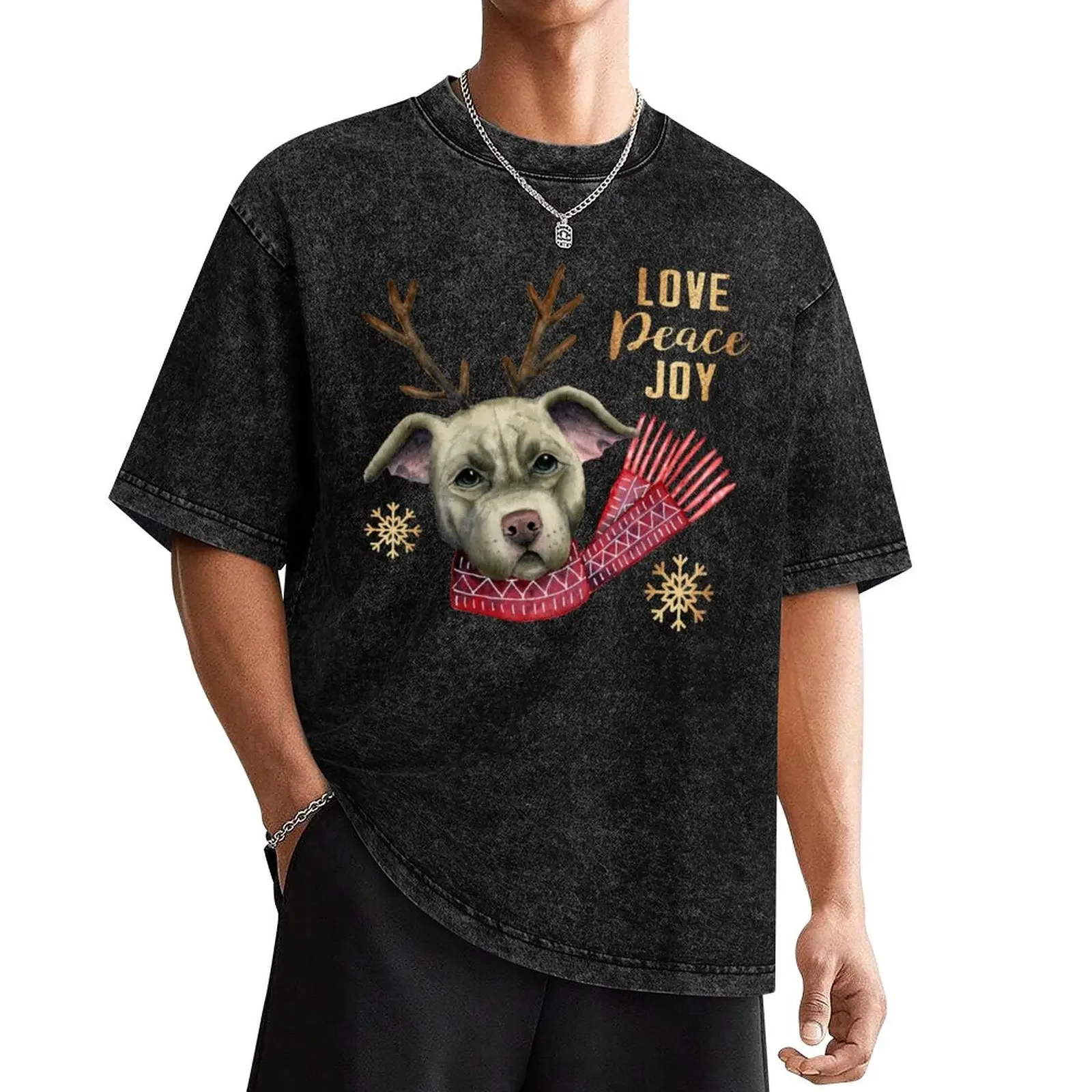 Funny Christmas Reindeer Pit Bull with Faux Gold Snowflakes T-Shirt anime stuff kawaii clothes mens graphic t-shirts anime