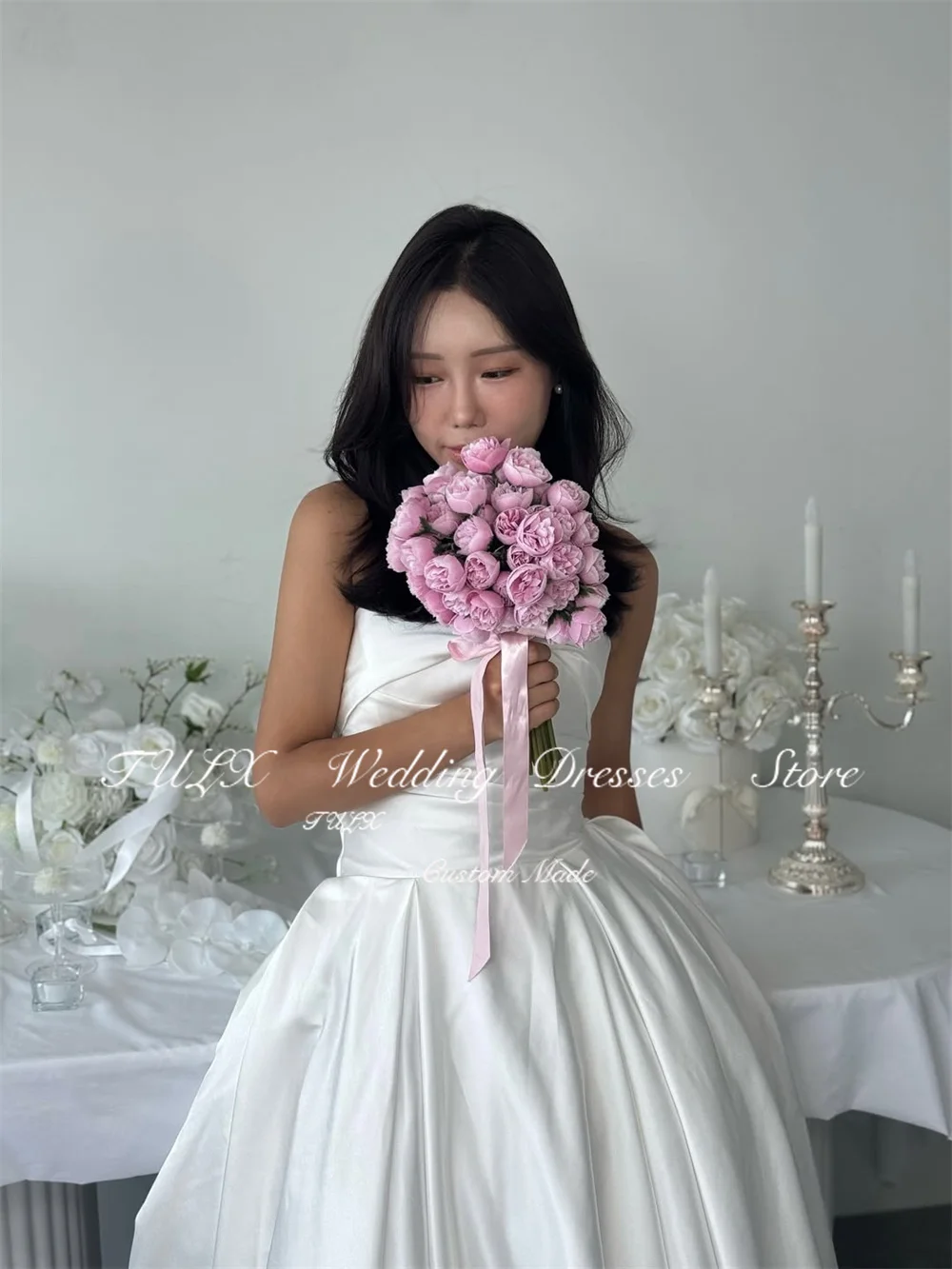 فستان زفاف أنيق من الساتان العاجي من TULX لالتقاط الصور الكورية بدون حمالات على شكل حرف A فساتين زفاف طويلة مشد مخصص لحفلات الزفاف 2026 #2