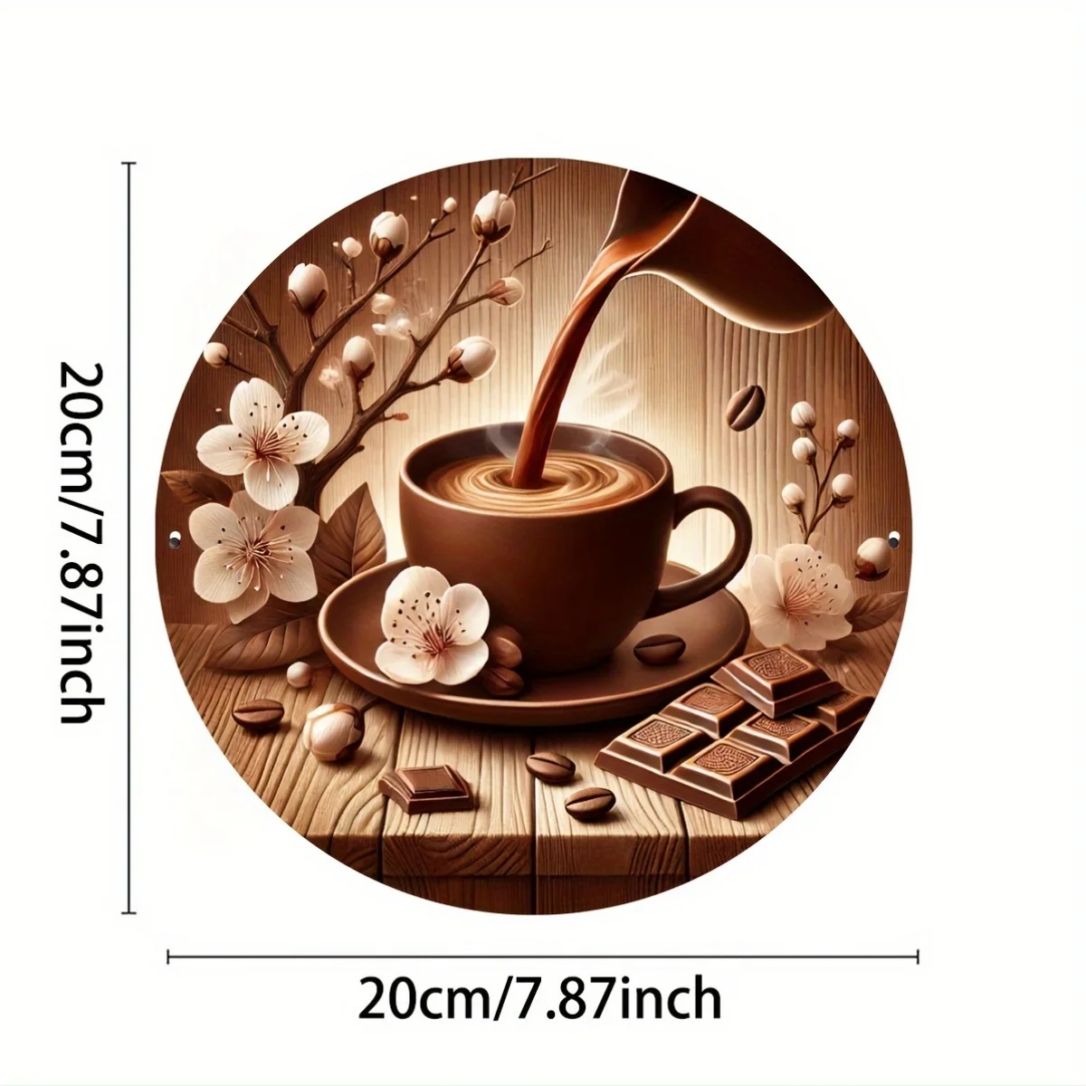 [2D Flat] 1pc of 8-Inch (7.87 X 7.87 inch) Round Metal Wall Art Featuring Coffee Cups And Chocolate with Floral Accents, Waterpr