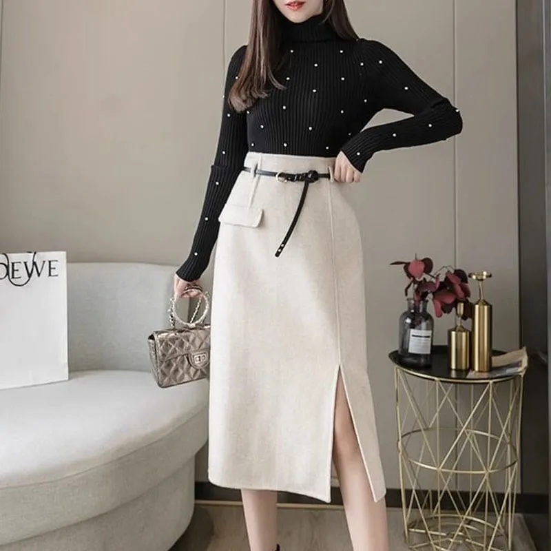 New Autumn/Winter Fashion Thickened Wool Mid Length Halflength Skirt High Waist Slim and Fashionable A-line One Step Split Skirt