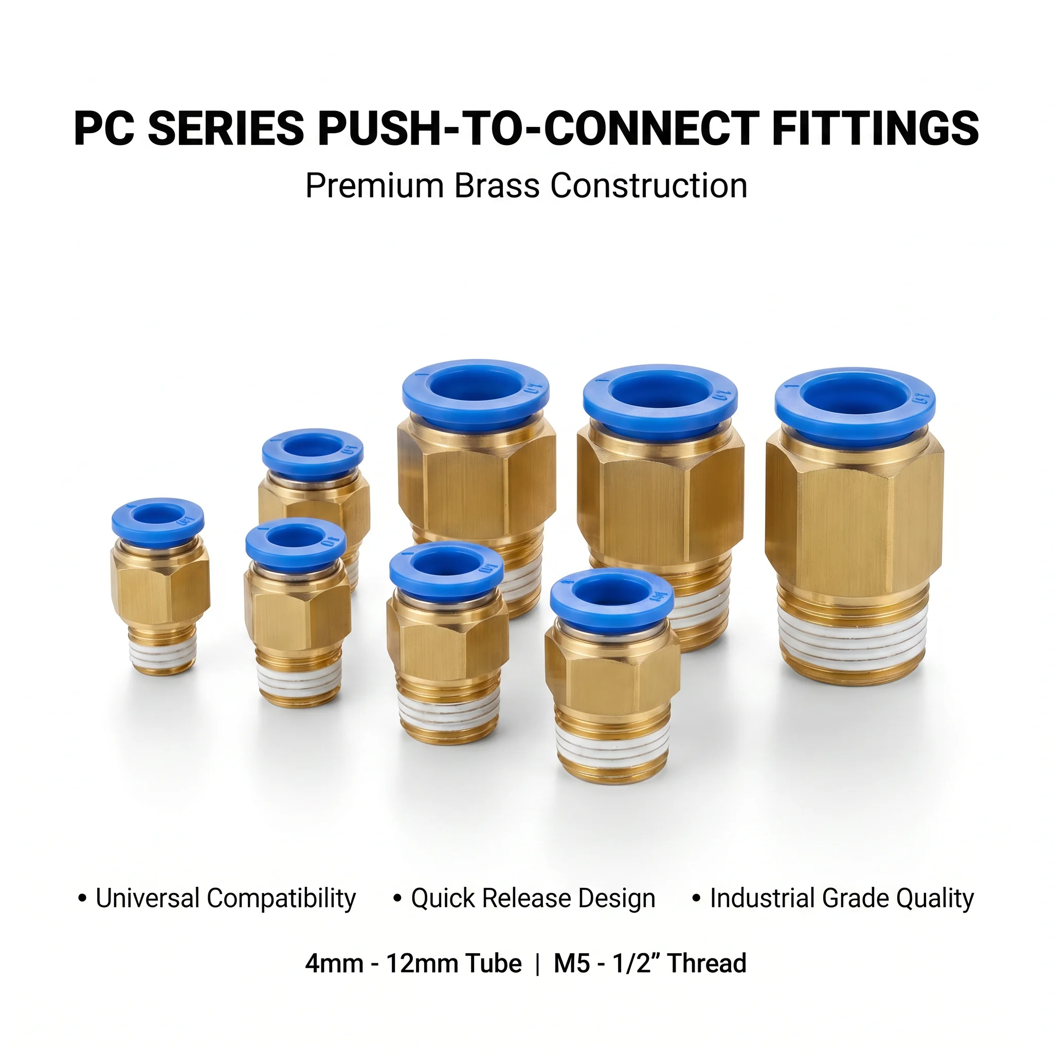 

Brass Pneumatic Fittings, Push-to-Connect Air Hose Connector, PC Series Quick Adapter 4/6/8/10/12mm Tube, M5-1/2" Thread
