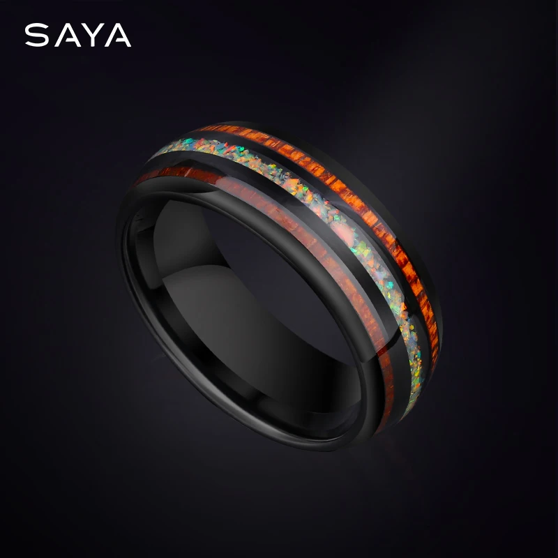 Quality Tungsten Ring For Men Personalized Fashion Elegant Natural Rainbow Opal and Wood Jewelry Gift,Customized