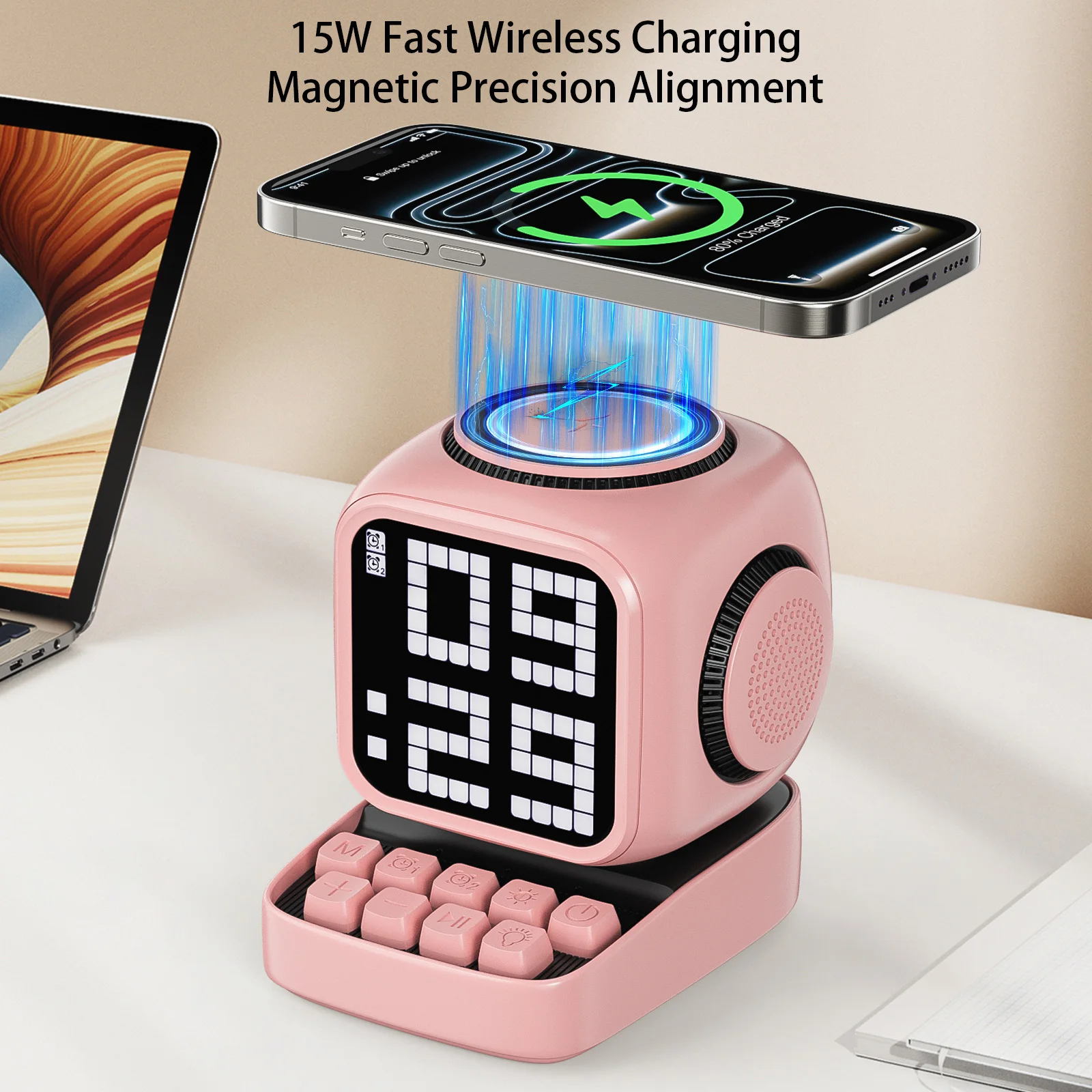 

15W Magnetic Wireless Charger Robot Bluetooth Speaker DIY LED Display White Noise Player Musical Rhythm With Dual Alarm Clock