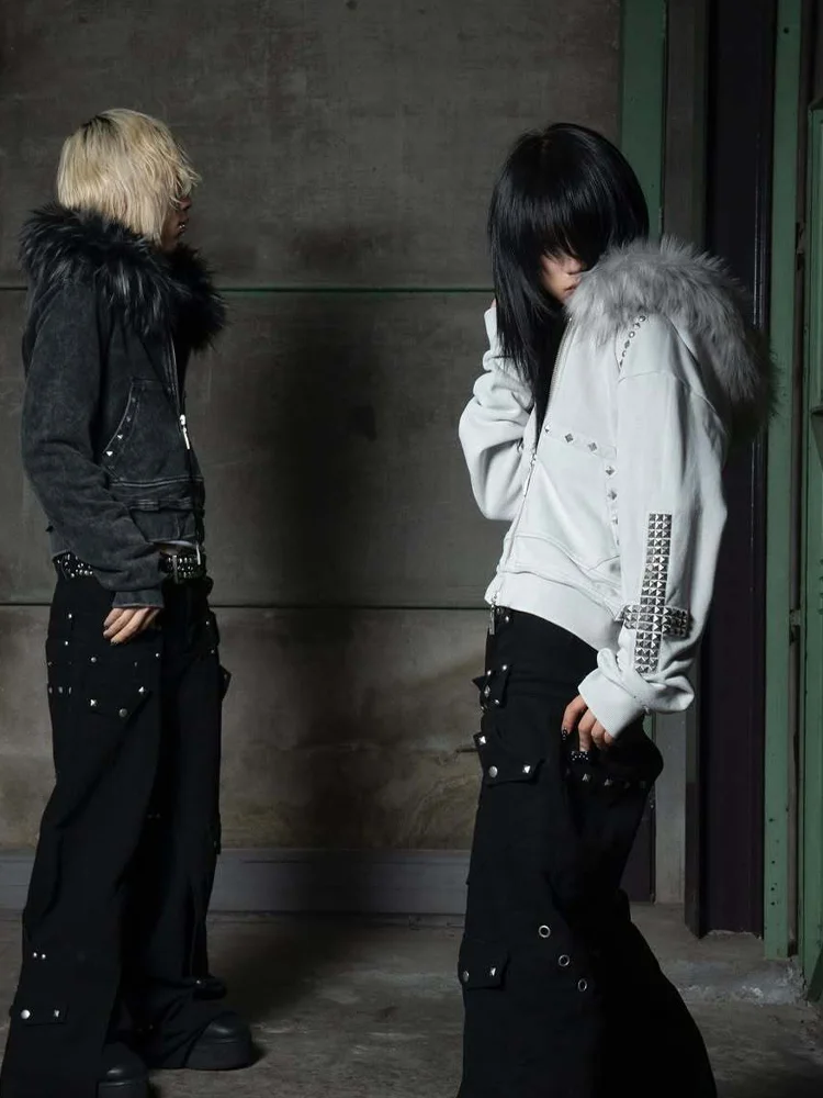 

Rivet Design Rock Gothic Cross Fur Collar Y2K Zipper Hoodie Streetwear Chic Zipper Hoodie Sportswear Punk Hip Hop Hoodie