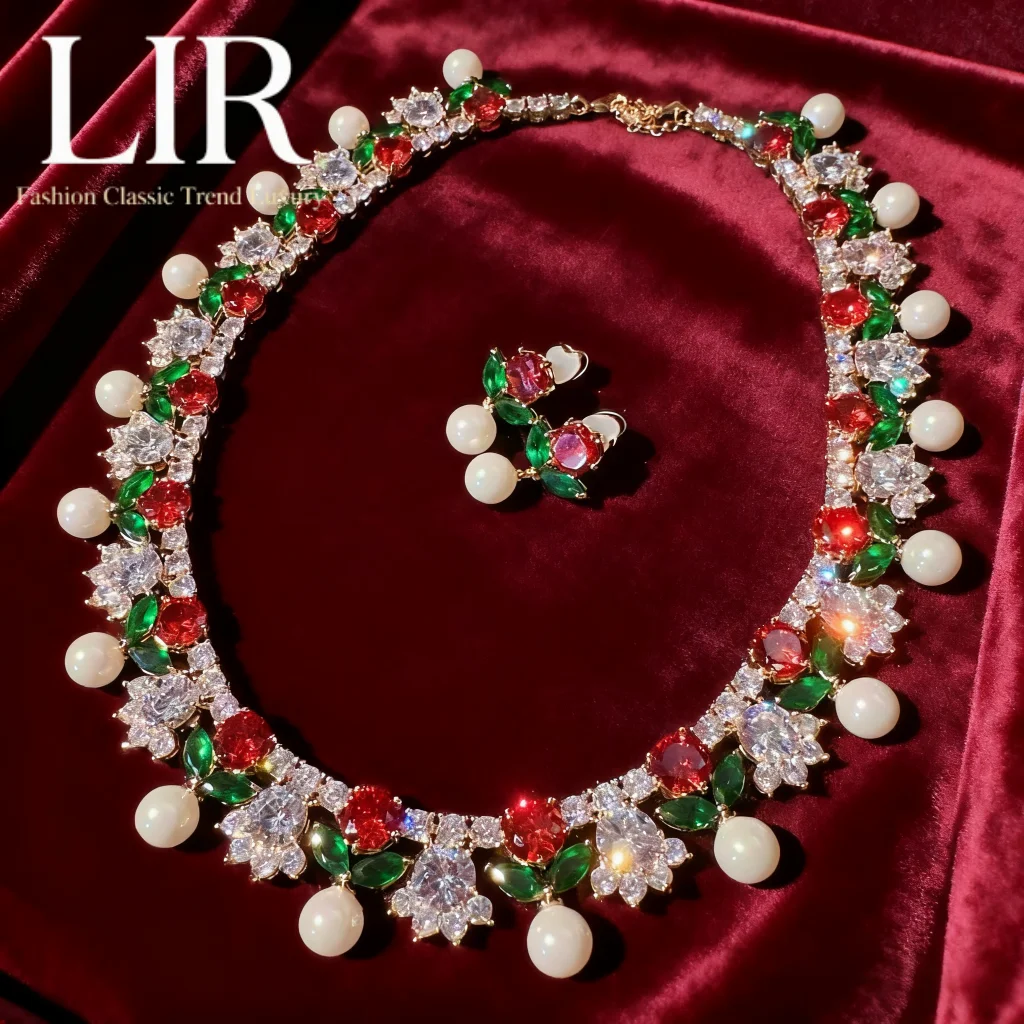 

LIR Women's Custom Jewelry Set: Floral Fairy Rainbow Gem Pearl Necklace & Flower AAA Zircon Shell Pearl Earrings