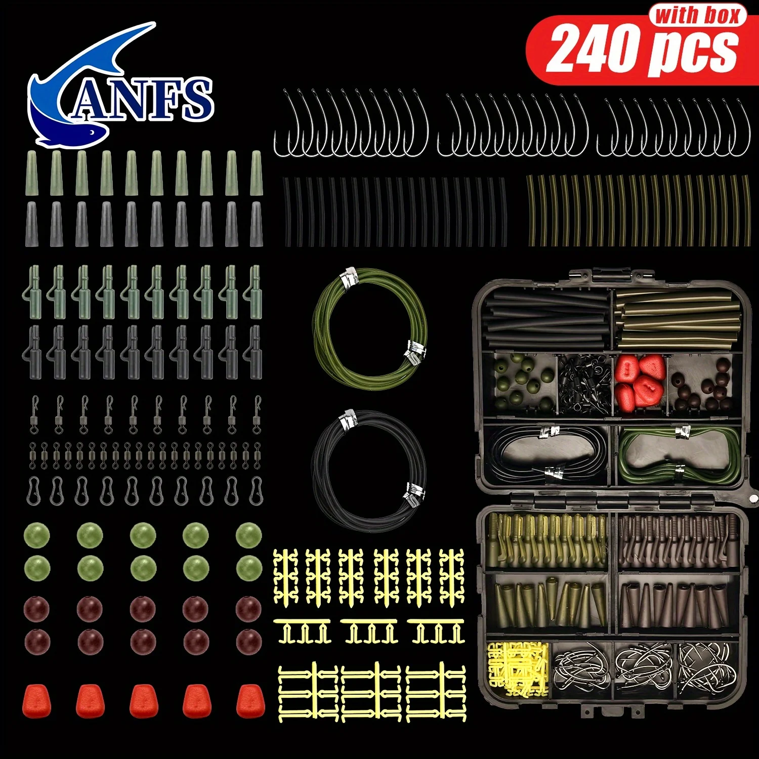 

ANFS 240 шт. Набор снастей для ловли карпа с джиг-головками, крючками и аксессуарами — портативный набор откидных коробок для рыболов