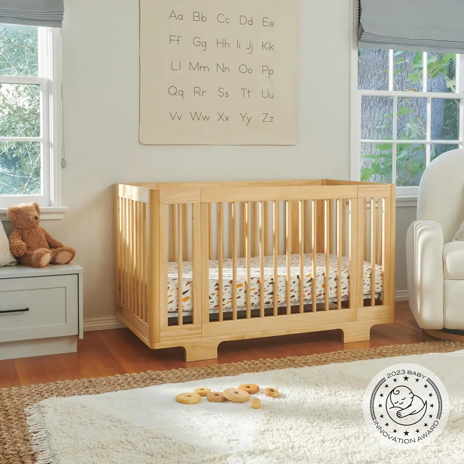 Full-Size Crib in Natural, Greenguard Gold Certified, Portable & Adjustable with Conversion Kits and Pads Included