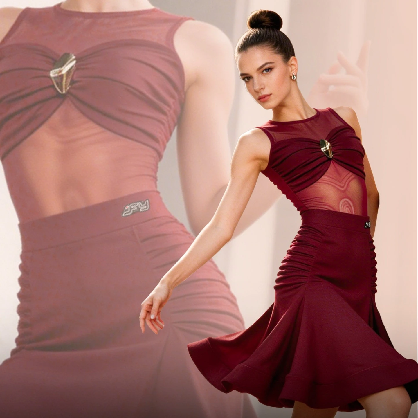 

New Adult Latin Dance Costume Wine Red One-Piece Bodysuit With Fishbone Half Skirt Gloves Not Included Standard Practice Skirt