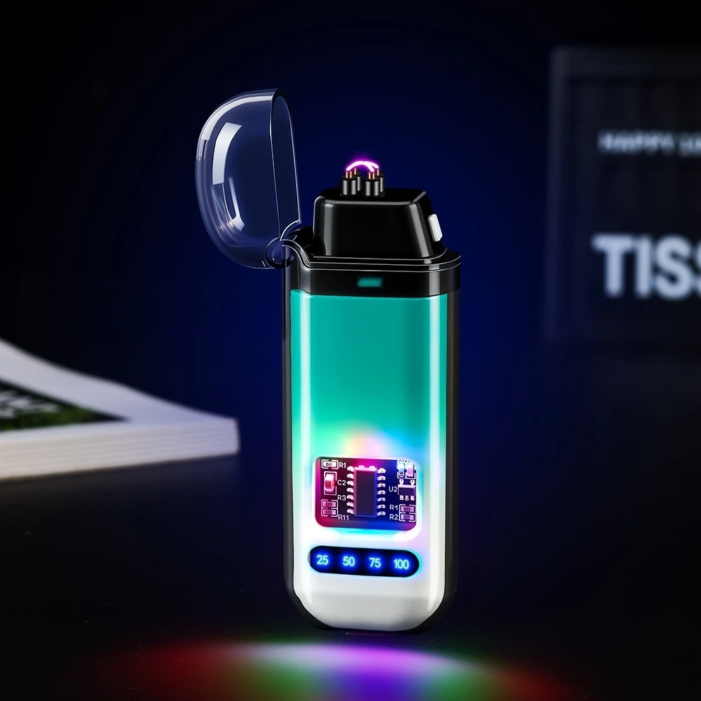New 673 Transparent Shell Charging Dual Arc Lighter Dual Arc Electronic Pulse Digital Display Lighter Cigarette Lighter