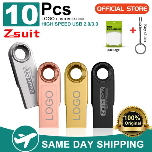 ZSUIT 10 unids/lote unidad Flash USB de Metal 64GB Pen Drive 4GB 8GB 16GB Pendrive 32GB Memory Stick 128GB memoria USB con logotipo gratis