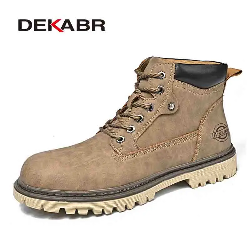 DEKABR Men Spring Autumn High Top Work Boots Soft Microfiber Upper Stitched Sole Deep Tread Rubber Outsole Comfort Padded Insole