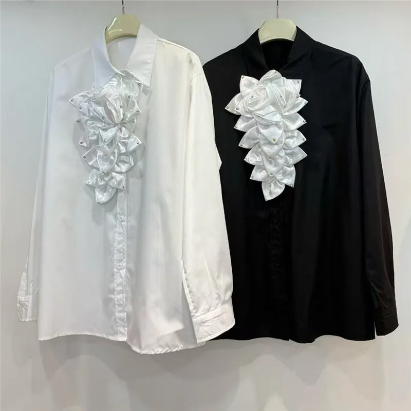 HKSH Spring Autumn New Women Shirt Three-Dimensional Flower Single Breasted Long Sleeve Elegant Trendy Top French Blouse HK13282