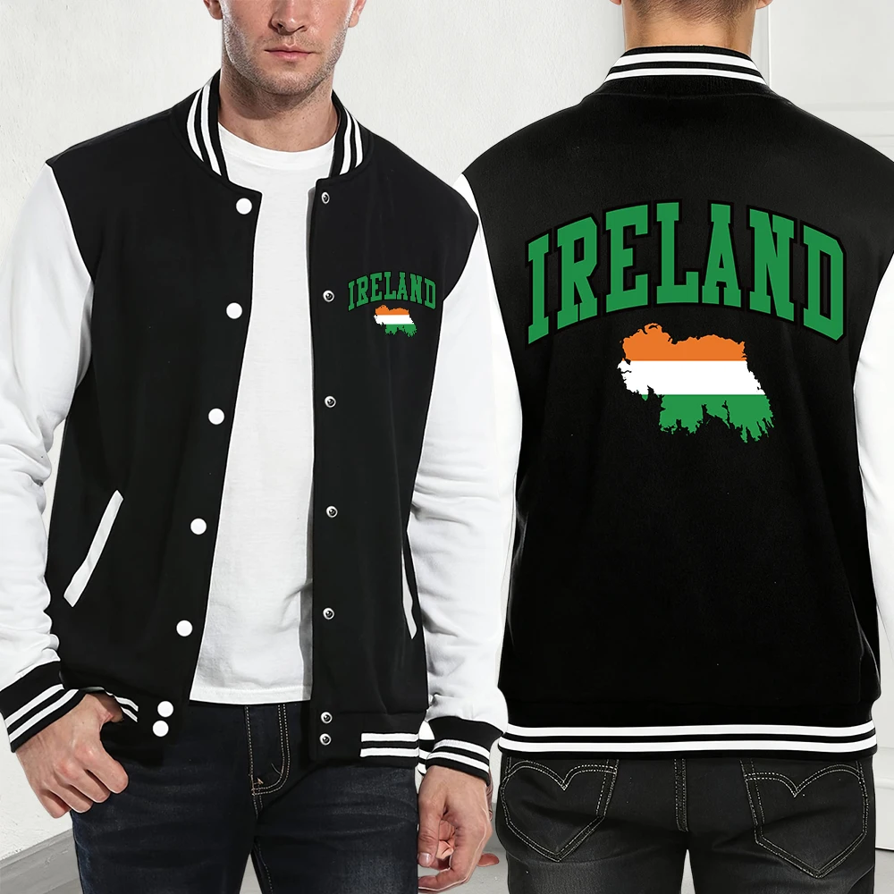 

Ireland Irish Flag Colored Map Prints Jackets Men'S Autumn Fleece Warm Baseball Jersey Loose Casual Coats Basics Pocket Clothes