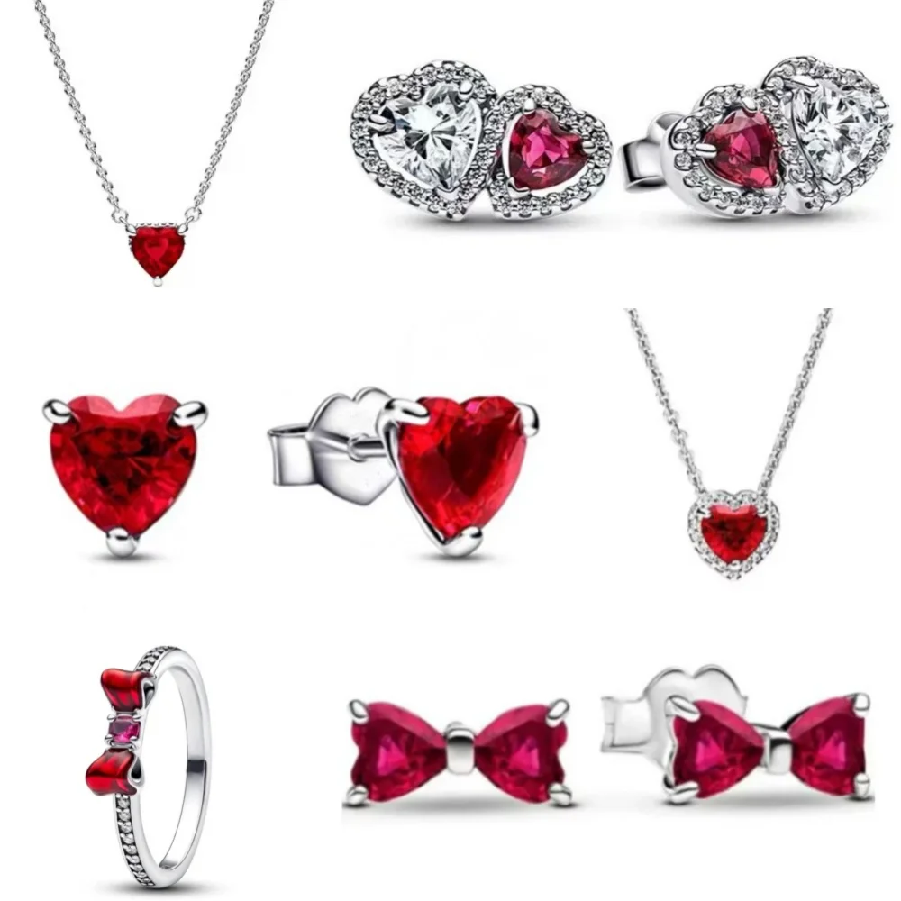 أقراط جديدة من الفضة عيار 925 على شكل فيونكة حمراء وردية اللون لعام 2025، خاتم مناسب لعيد الحب الأوروبي للنساء، مجوهرات ساحرة لعيد الأم