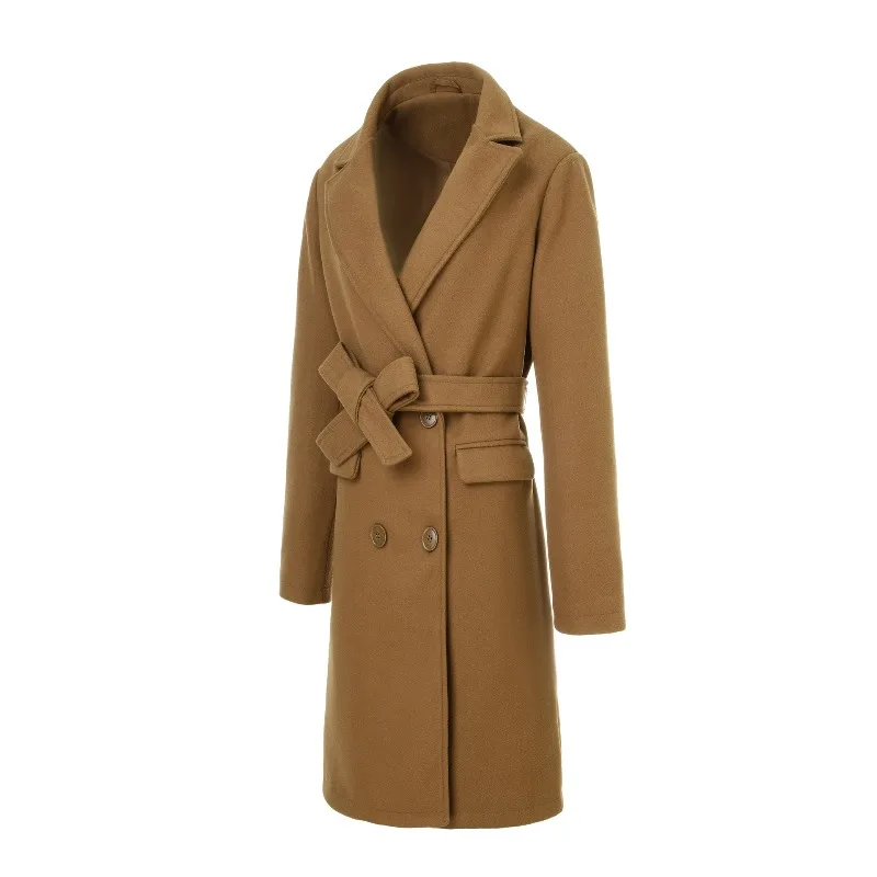 Cross-border Bestseller of Long Woolen Women's Coats for Autumn Winter in Europe and America Featuring Lapel and Lace-up Style