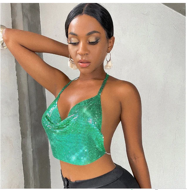 Sexy green Bling Bling Sparkly Metal Rhinestones Crop Top Women Ladies Fashion Tank Camis Backless Halter Party Crop Tops