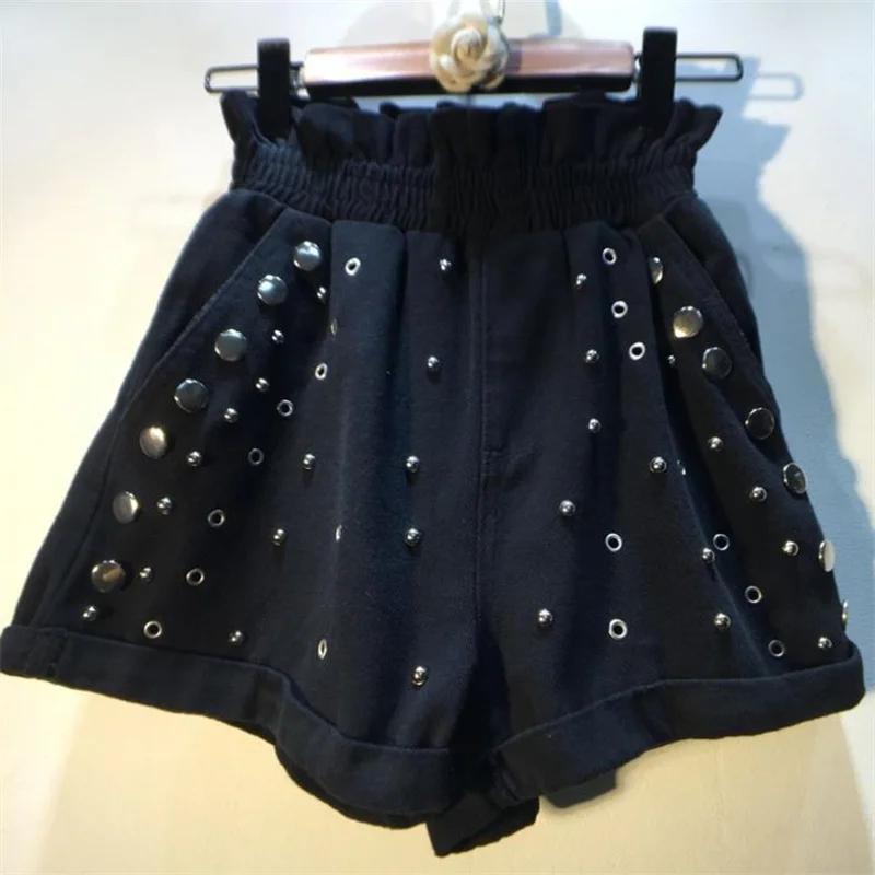 Summer short new beaded rivets high waist  wide leg denim shorts elastic waist women's pants