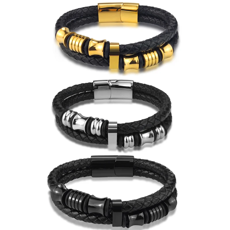 Luxury Genuine Black Leather Beads Bracelet For Men Stainless Steel Magnetic Clasp Fashion Punk Multi-Layer Bangles Male Jewelry