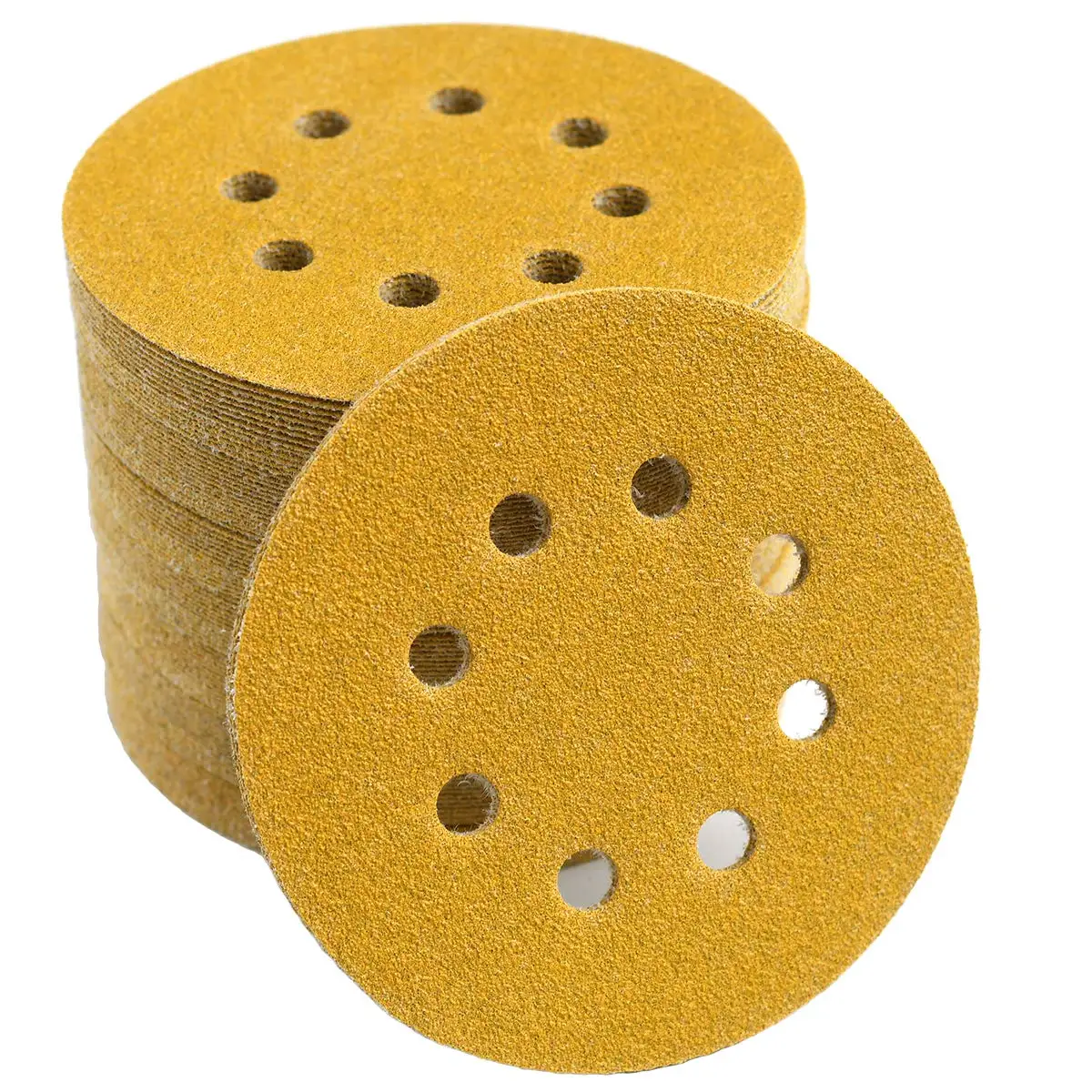 10Pcs 5inch 8-Hole Yellow Hook Loop Sanding Discs Round Abrasive Sandpaper Pads for Orbital Sander Wood Metal Polishing