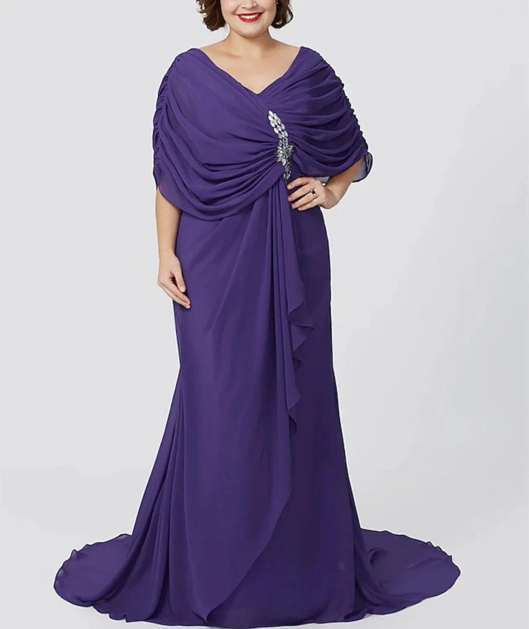 Long Purple V-Neck Chiffon Beaded Mother of the Brides Dresses Plus Size Mermaid Pleated Godmother Dress for Women