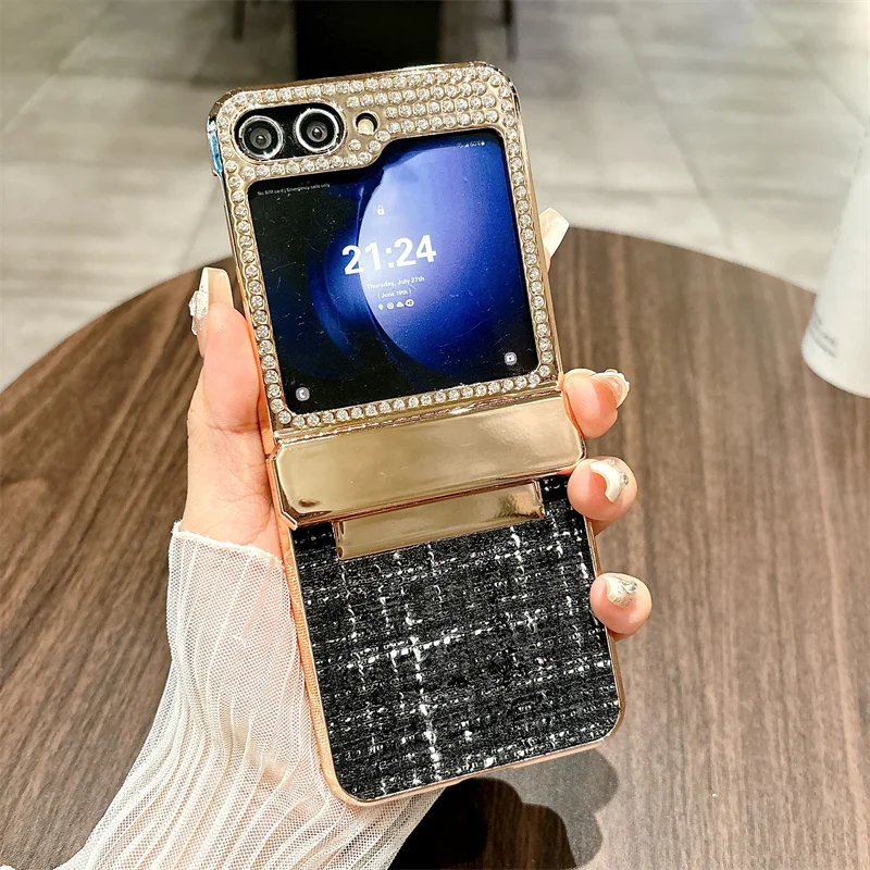 

Чехол для телефона с гальваническим покрытием и блестками и бриллиантами для Samsung Galaxy Z Flip 7 6 5, роскошный тканевый чехол с узором для Samsung Z Flip7 Flip6