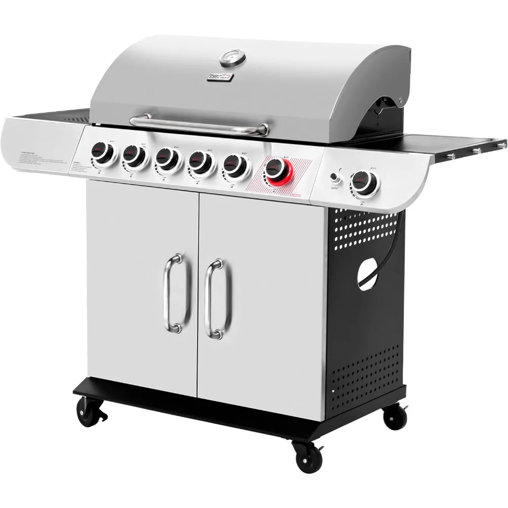 6-Burner Propane Grill with Sear Burner and Side Burner, Stainless Steel Cabinet Style Gas Grill with 71,000 BTU Output