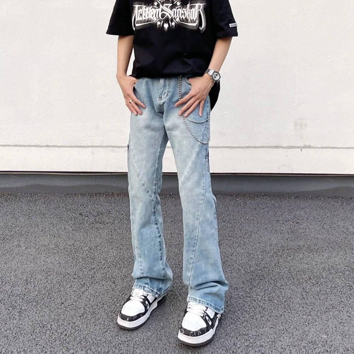 

Синие облегающие мужские джинсы в стиле ретро, весенне-осенние винтажные американские брюки с завышенной талией, утягивающие микро расклешенные брюки