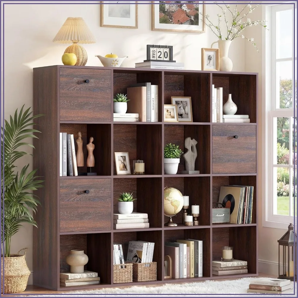 Walnut 16 Cube Storage Organizer with 3 Drawers, 4-Tier Wood Shelf for Home Office