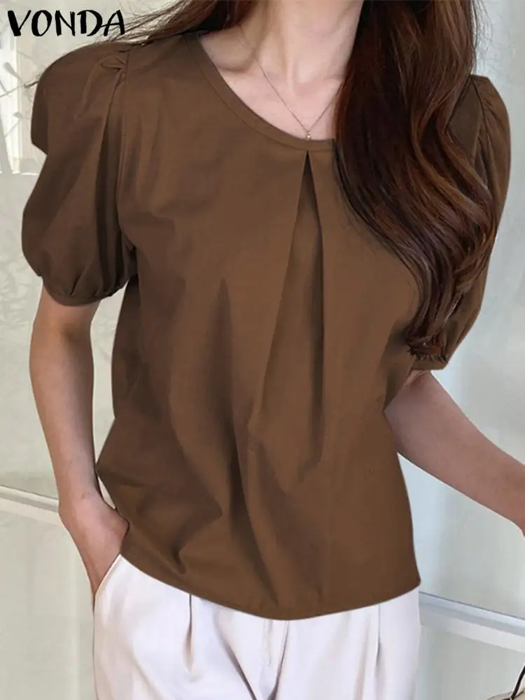 VONDA Women Tunic Tops 2024 Summer Elegant Blouse Fashion Casual Short Puff Sleeve Solid Color Shirts Loose Blusas Femininas