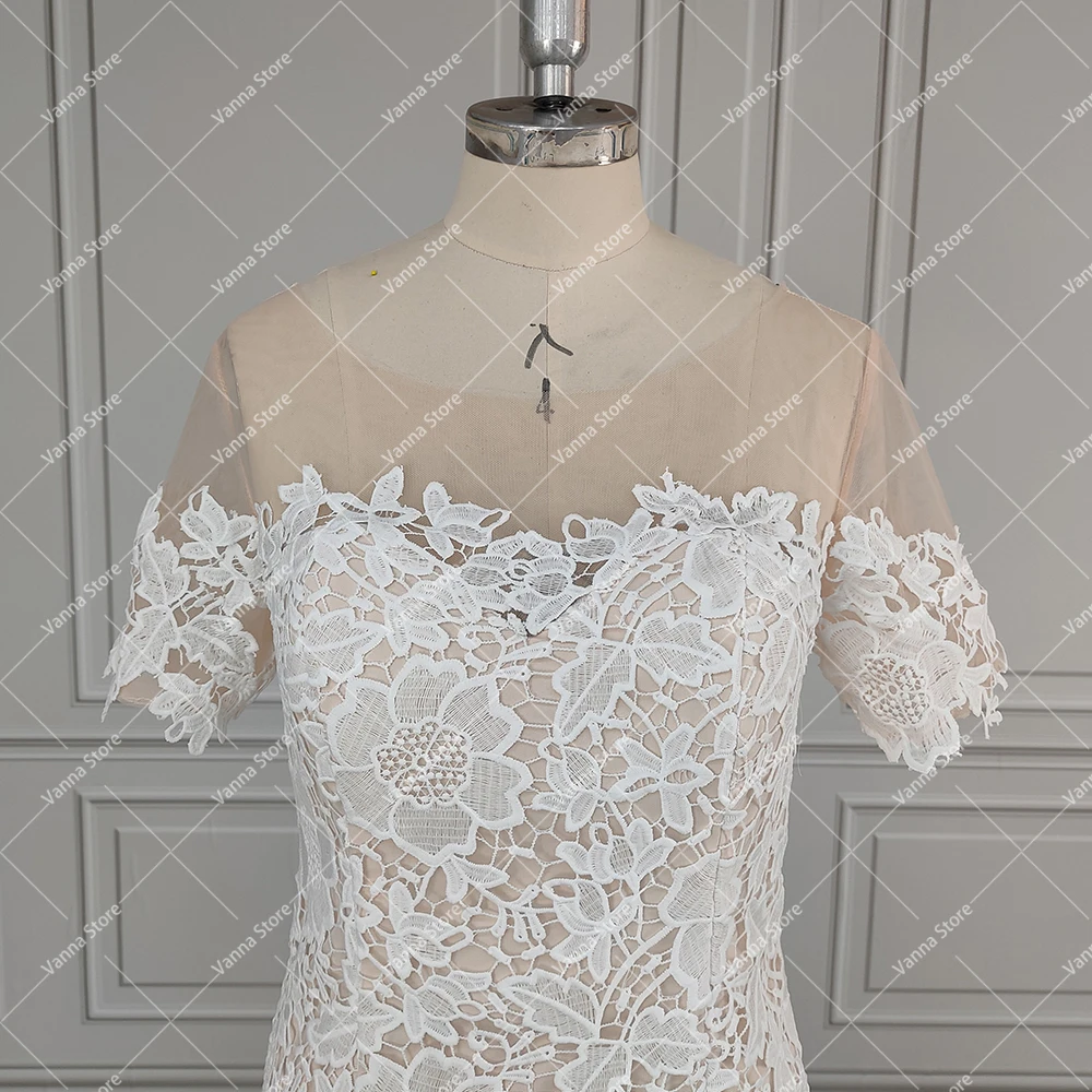 حورية البحر قصيرة الأكمام انقطاع الدانتيل فستان الزفاف صور حقيقية الوهم قبالة الكتف عارية الذراعين بوهو حديقة أثواب الزفاف ريفي