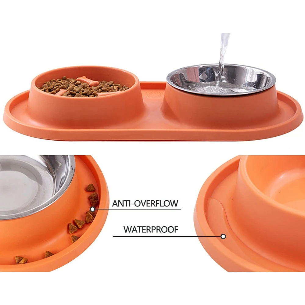 Dogs Slow Feeder Bowl Bloat Stop Pet Bowls with Steel Water Bowl for Puppy, No-Spill Non-Skid Orange