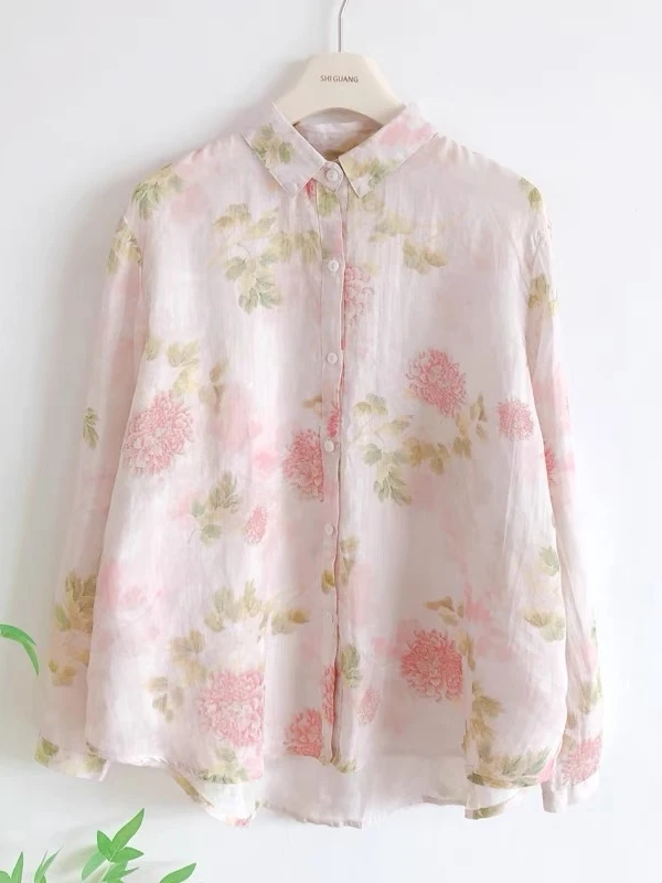 

Spring Summer High Quali Pure Flax Loose Long Sve Women's Open Cardigan irt Artistic Linen Material Single Button