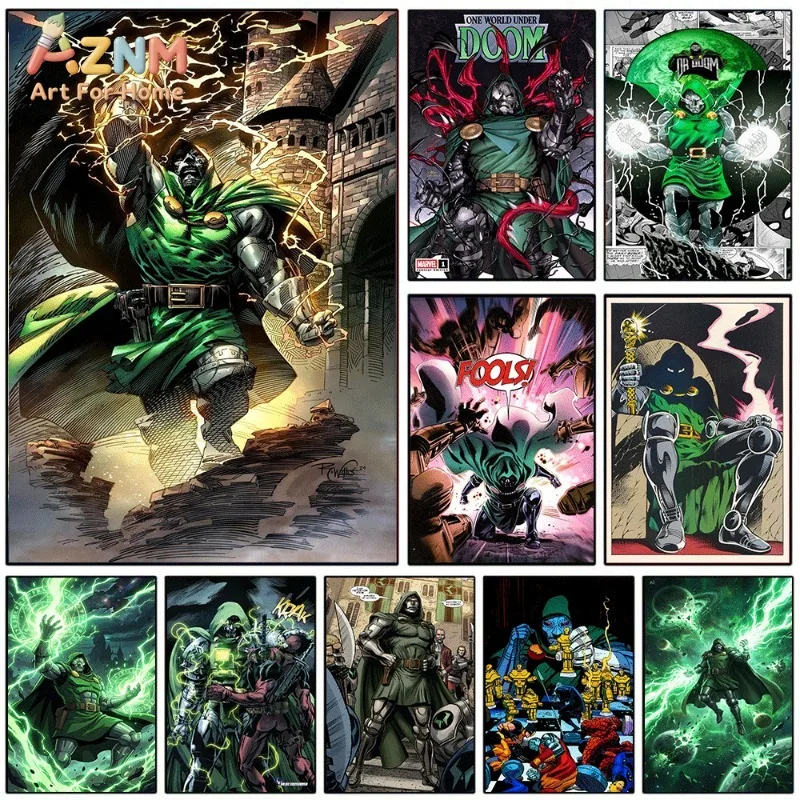 Castle Background Green Lightning Doctor Doom Comic Canvas Wall Art No Frame Super Villain Print Poster for Living Room Bedroom
