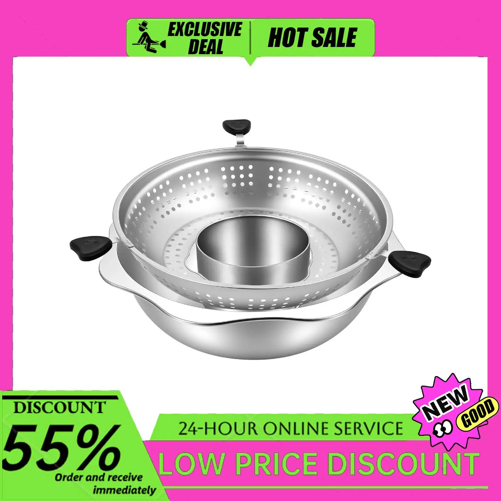 

Двойная разделенная кастрюля 32 см с подъемным фильтром, индукционная кастрюля 2-в-1, пароплав из нержавеющей стали для домашнего использования