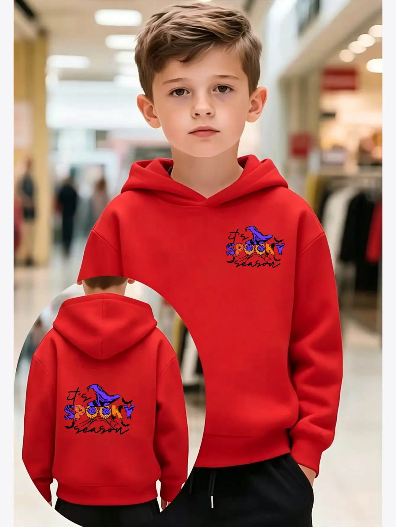 Halloween-themed sweatshirts for boys and girls,perfect for autumn and winterFeatures a witch's hat print on the chest and back.