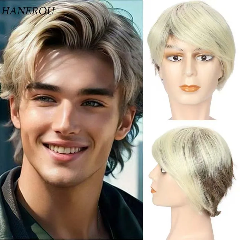 

Mens Wig Synthetic Hair Layered Short Blonde Gradient Brown Wigs for Men Daily Cosplay Party Heat Resistant