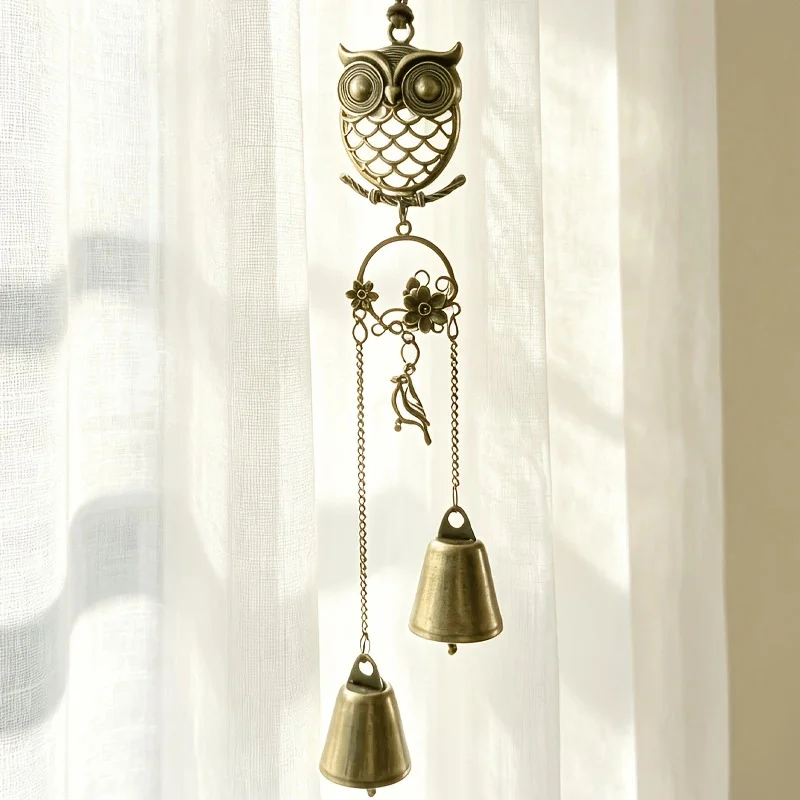 Forest-style Metal Owl Double Bell Wind Chime, Entryway Door Decoration, Christmas and Thanksgiving Gift