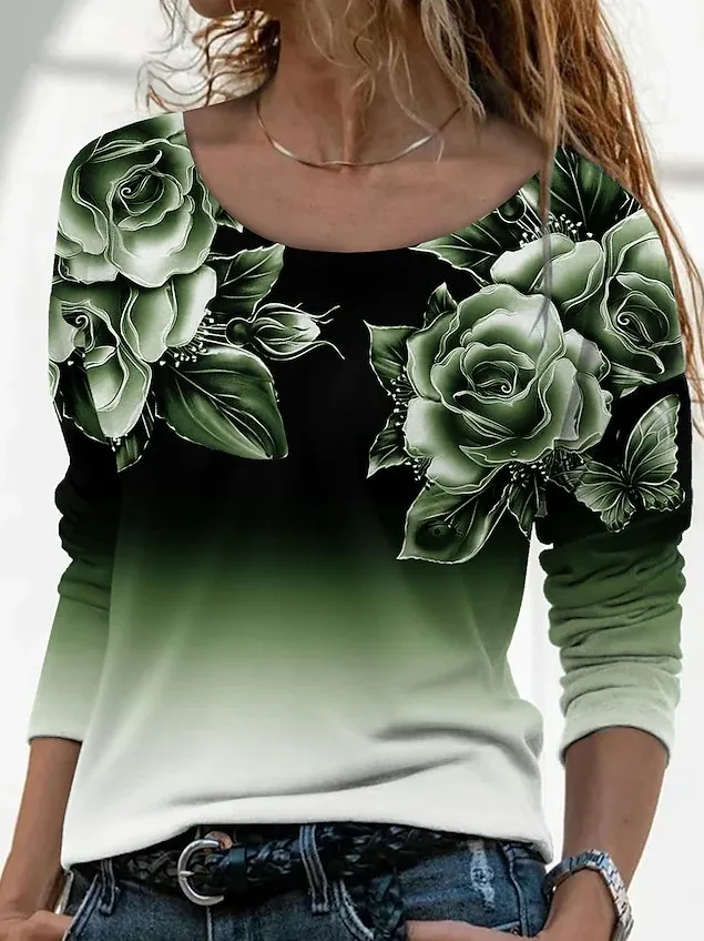 

Women's Autumn Romantic Floral Long-Sleeve Top Gradient Tone and Rose Print Round Neck Casual T-shirt