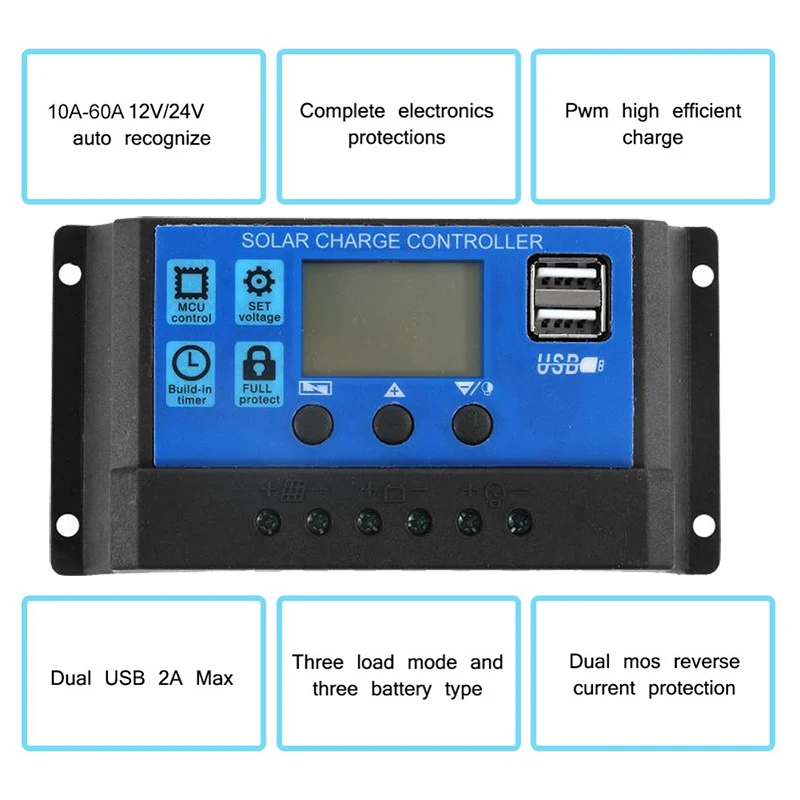 Regulator ładowania słonecznego 12V 24V 50A 40A 30A 20A automatyczny sterownik do baterii słonecznych Regulator uniwersalny wyświetlacz USB 5V do