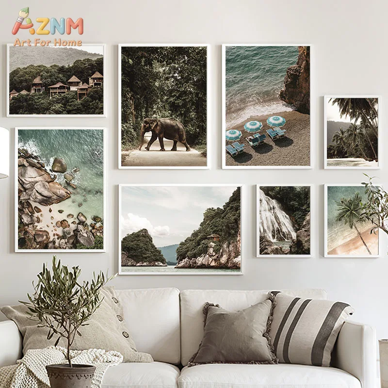AZNM Tropical Jungle Beach Scenery Canvas Wall Art Elephant Seaside Coconut Tree Cliff Coast Nature Landscape Nordic Vacation St